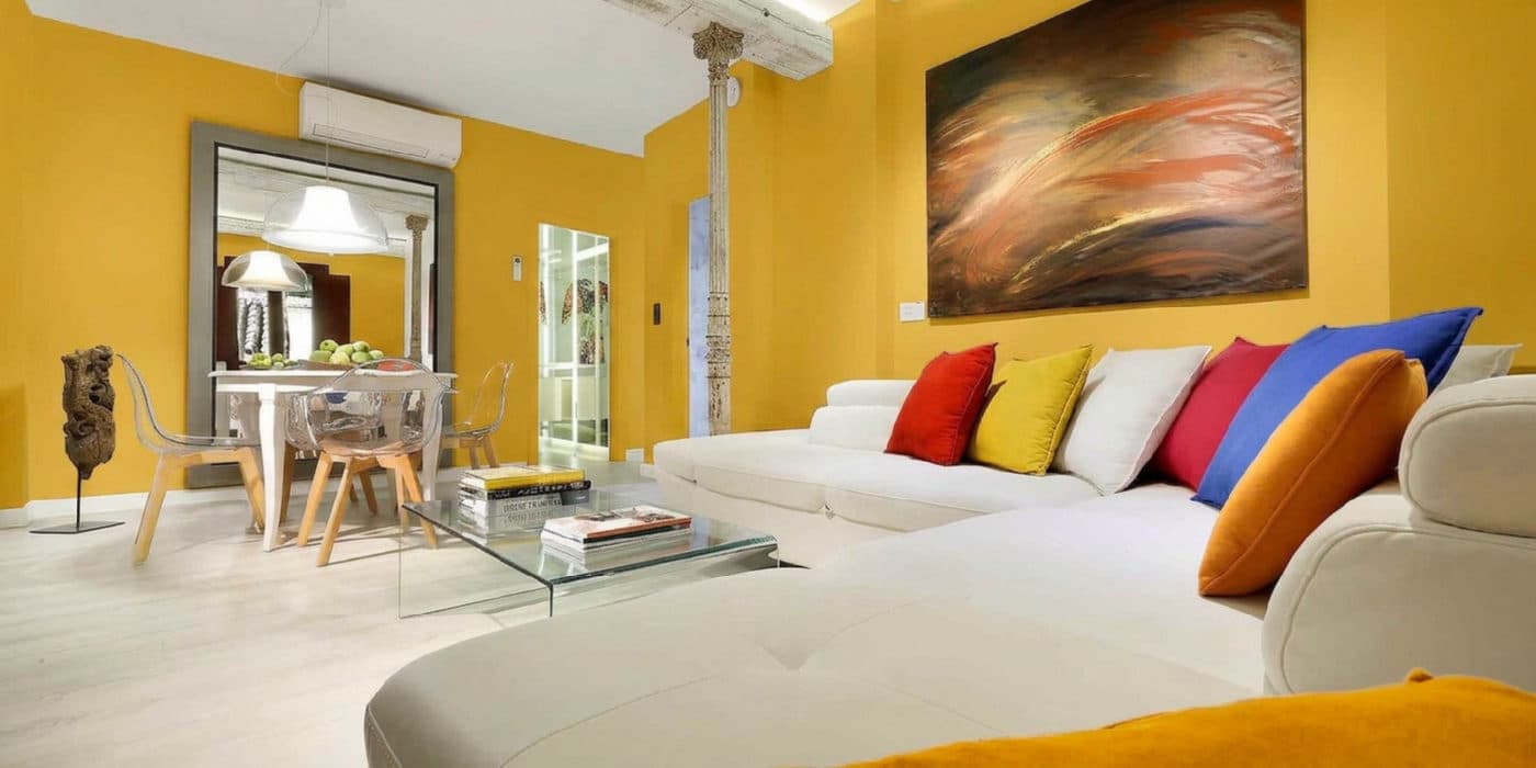The bright living room virtually repainted Mustard