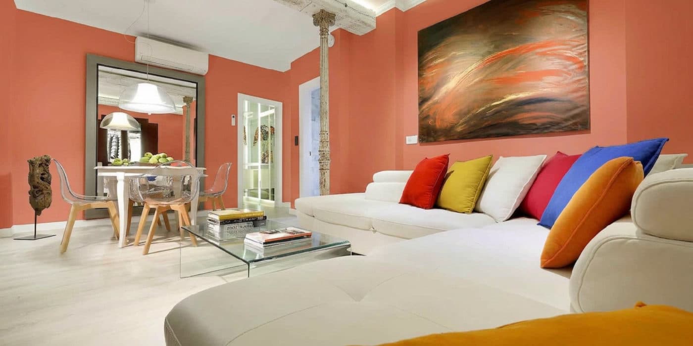 The bright living room virtually repainted Warm Terracotta